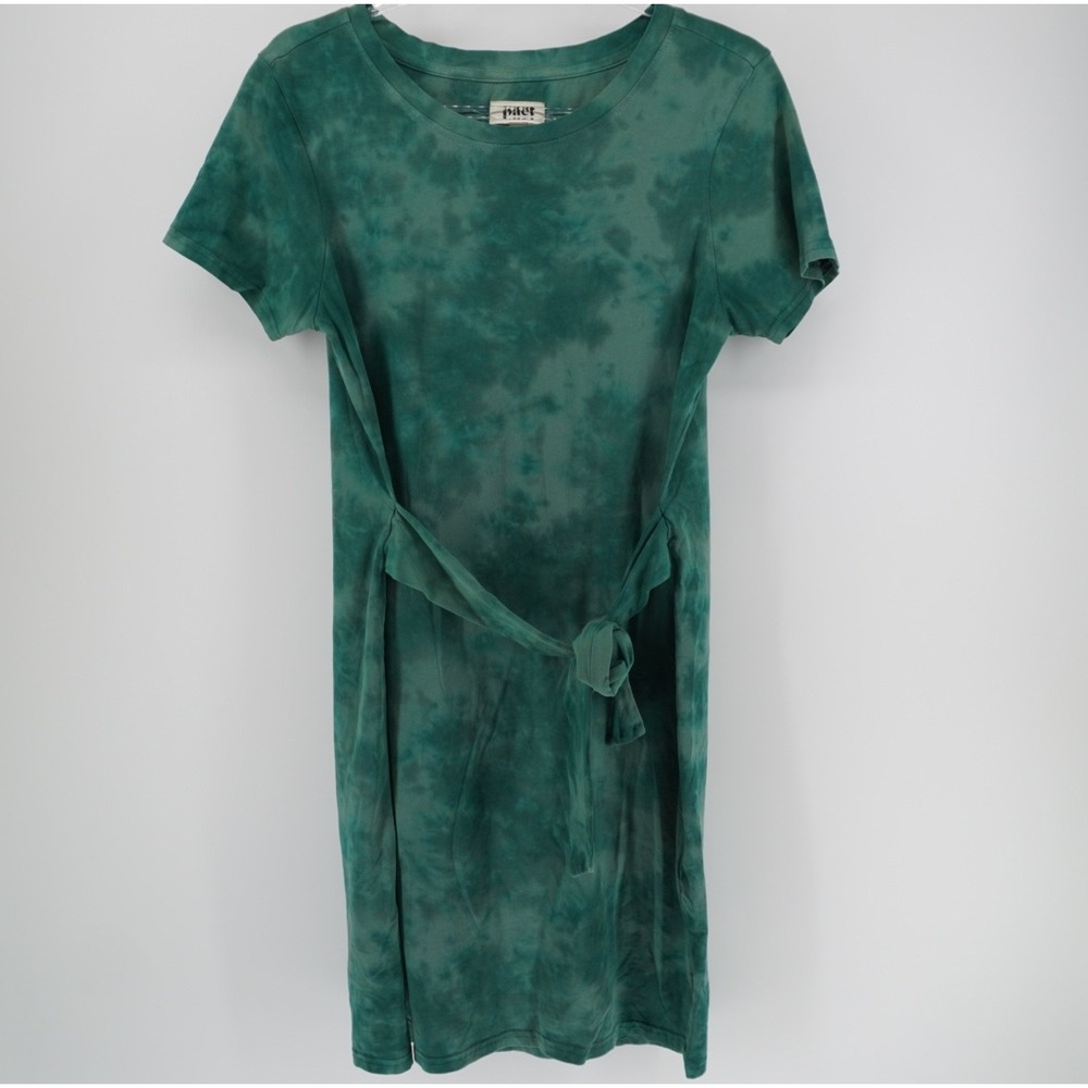 Pact Green Tie Dye Organic Cotton Dress Medium Short Sleeve Tie Waist